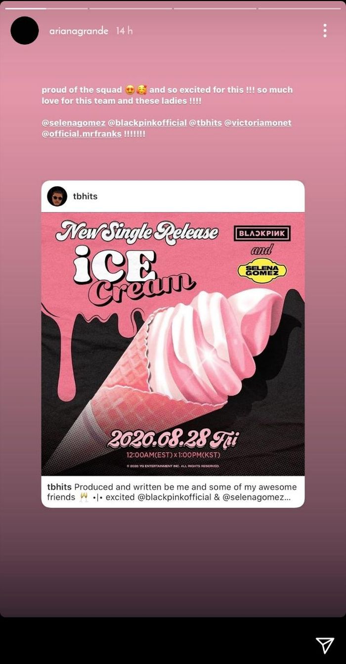 Instagram Story Ariana Grande tentang single terbaru BLACKPINK dan Selena Gomez bertajuk'Ice Cream'