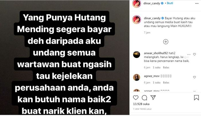  Dinar Candy meminta  orang-orang yang memiliki utang kepadanya agar melunasinya.