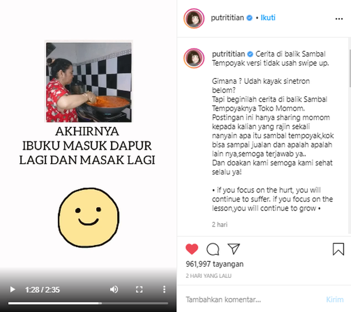 Kini sudah ada kesibukan baru, ibu Putri Titian mulai melupakan dukanya.