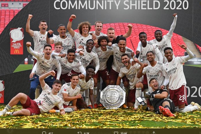 Arsenal sukses menjadi juara Community Shield usai menaklukkan Liverpool 5-4 pada babak adu penalti di Stadion Wembley, Sabtu (29/8/2020).