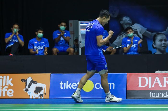 Pebulu tangkis tunggal putra, Jonatan Christie pada Simulasi Piala Thomas 2020 di pelatnas Cipayung, Jakarta, Kamis (3/9/2020).