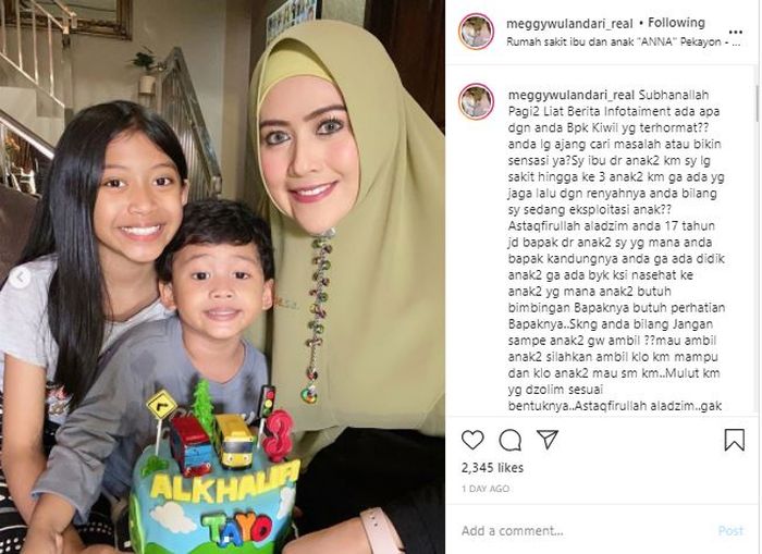 unggahan Instagram Meggy Wulandari yang naik pitam akibat tuduhan Kiwil terkait eksploitasi anak.