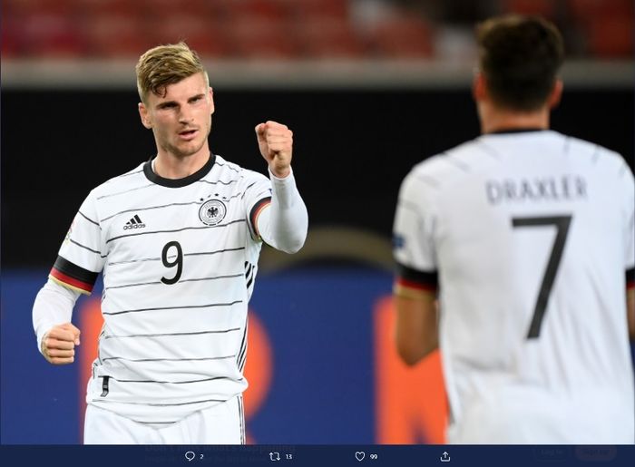 Striker timnas JErman, Timo Werner, merayakan golnya ke gawang timnas Spanyol dalam laga UEFA Nations League, Kamis (3/9/2020).