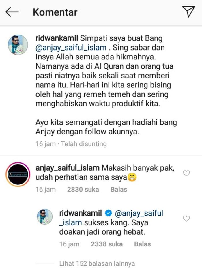Komentar Anjay Saiful Islam di Instagram Ridwan Kamil