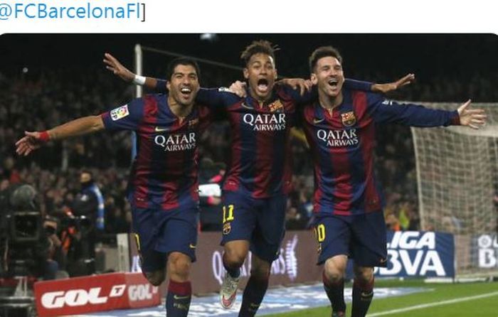 Luis Suarez, Neymar, dan Lionel Messi melakukan selebrasi saat sama-sama berseragam Barcelona.