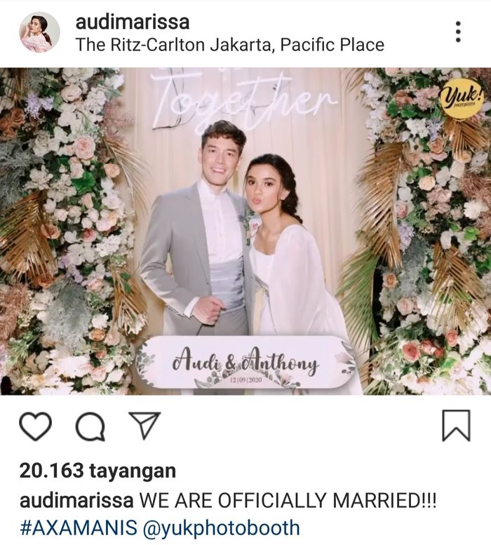 Audi Marissa dan Anthony Xie umumkan resmi menikah, Sabtu (12/9/2020).