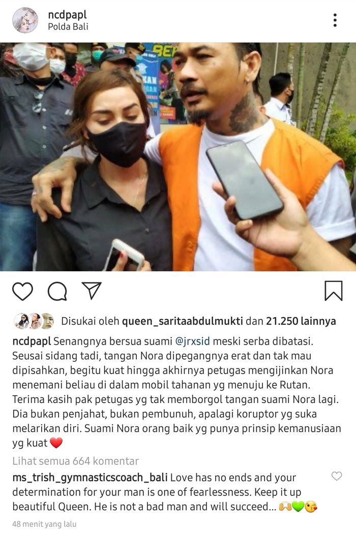 Istri Jerinx SID, Nora Alexandra, bersyukur bisa kembali berjumpa dengan sang suami usai persidangan.
