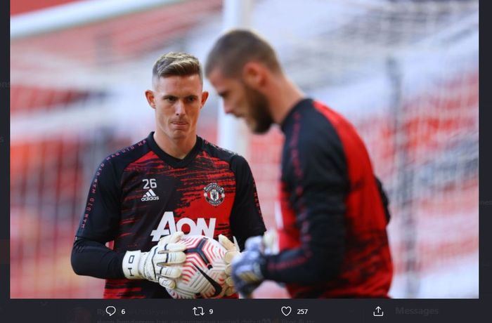 Dean Henderson dan David de Gea dalam sesi latihan Manchester United.