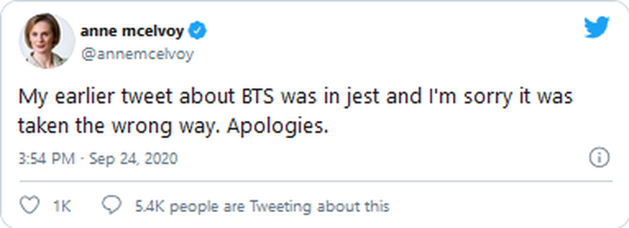 Tweet  permintaan maaf  editor senior The Economist Anne McElvoy untuk komentarnya tentang BTS