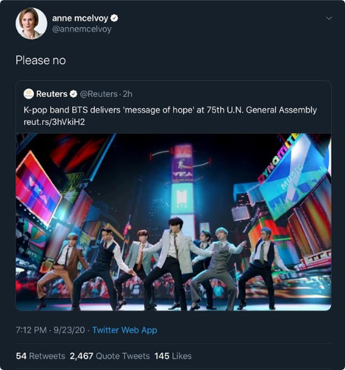 Tweet editor senior The Economist Anne McElvoy pada berita BTS