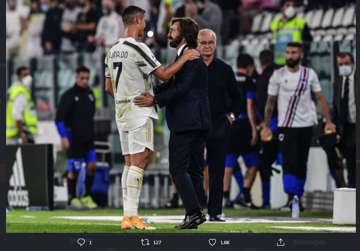 Andrea Pirlo bersama Cristiano Ronaldo dalam laga Liga Italia Juventus melawan Sampdoria.