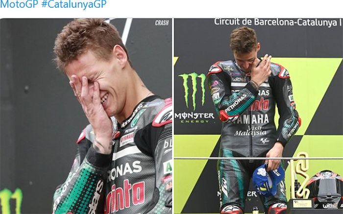 Pembalap Petronas Yamaha SRT, Fabio Quartararo, menangis setelah berhasil memenangi balapan MotoGP Catalunya di Sirkuit Catalunya, Spanyol, 27 September 2020.