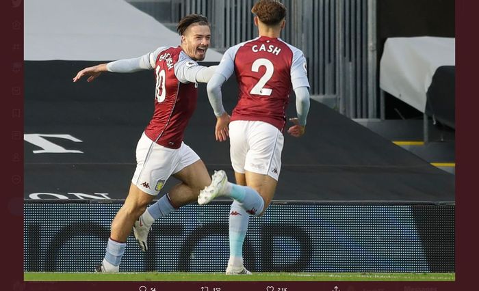 Jack Grealish merayakan golnya untuk Aston Villa ke gawang Fulham.