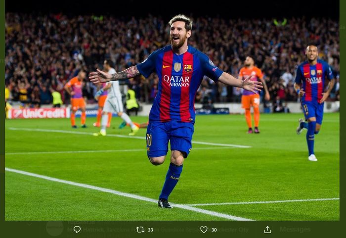 Lionel Messi merayakan golnya saat Barcelona melawan Manchester City.