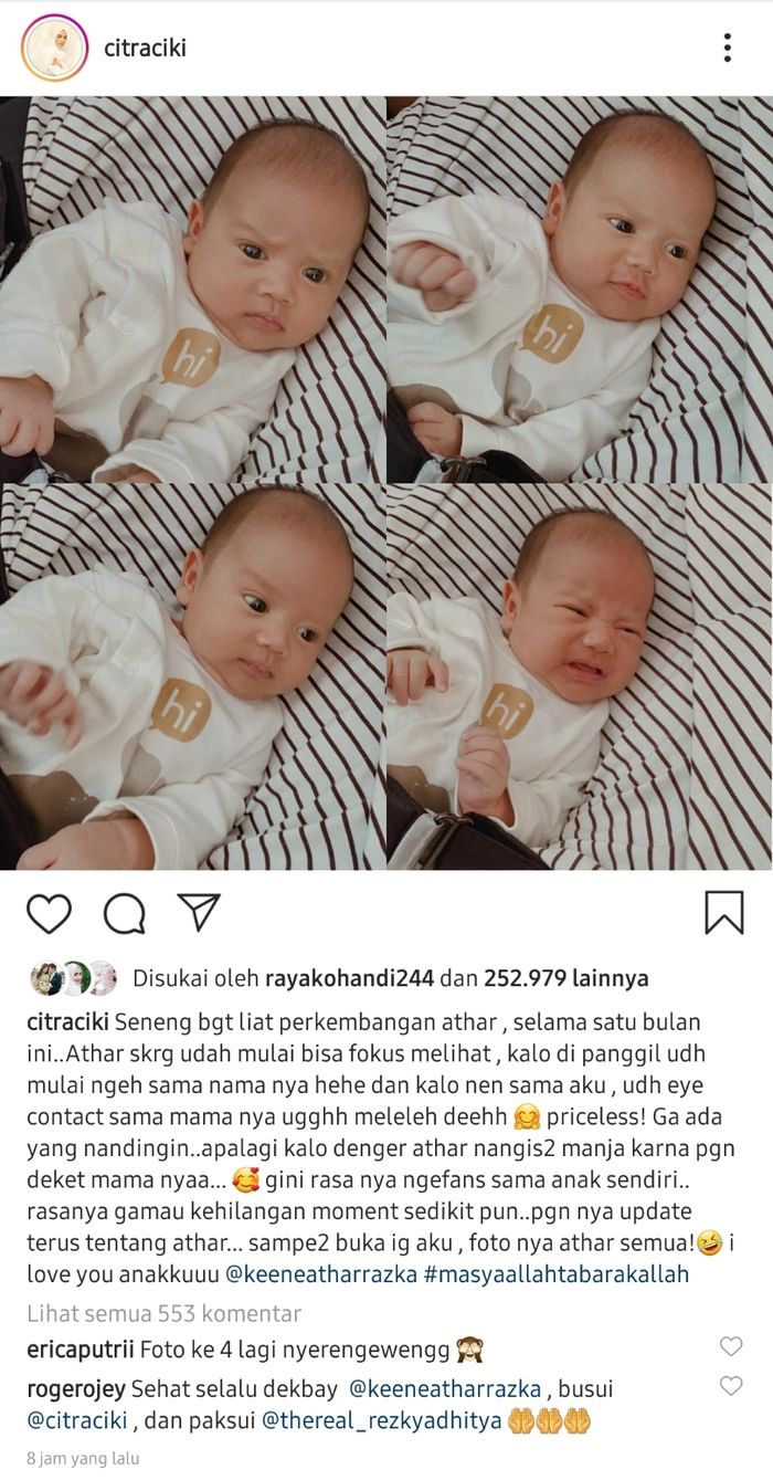 Satu bulan lebih menjadi ibu, pesinetron Citra Kirana dibuat meleleh sang buah hati, Keene Atharrazka Adhitya.  