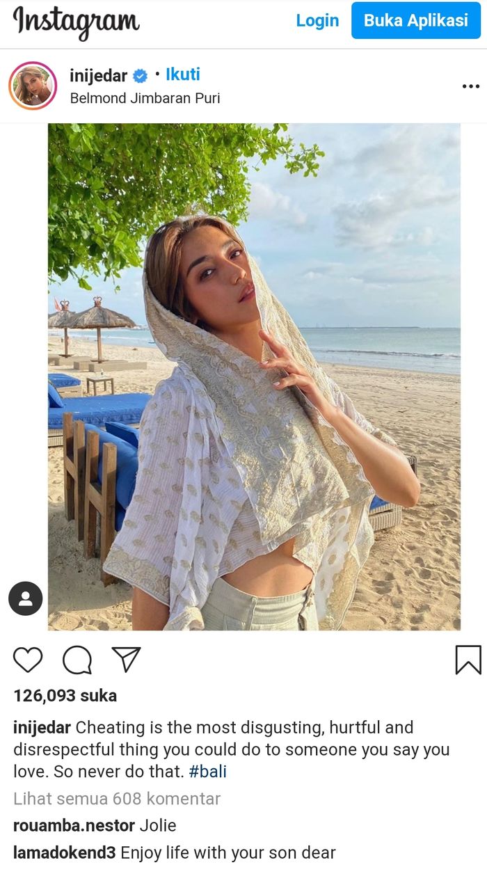 Jessica Iskandar mendadak membahas soal perselingkuhan dalam unggahan Instagramnya.