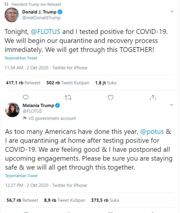 cuitan Donald Trump dan sang istri yang positif covid-19