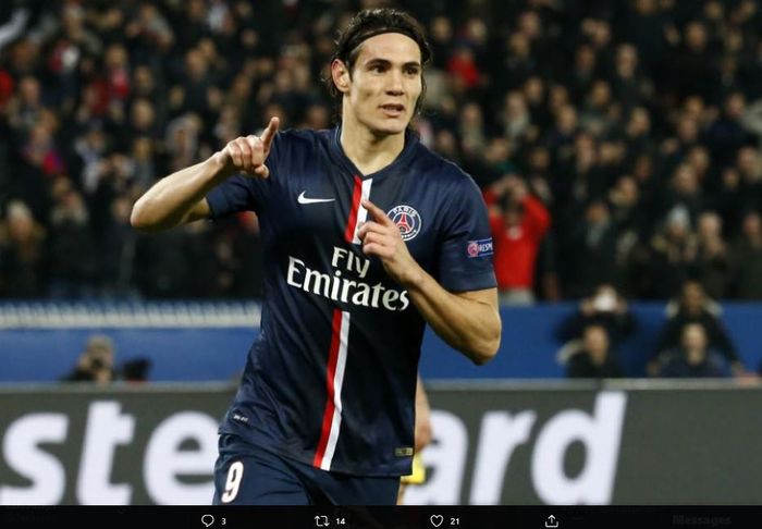 Edinson Cavani saat masih membela PSG dan melakukan selebrasi usai menjebol gawang Chelsea dalam ajang Liga Champions.