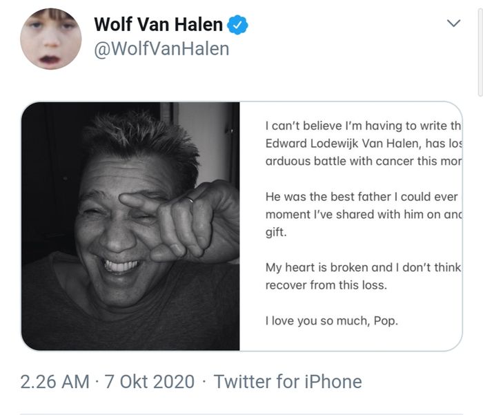 Unggahan Wolf Van Halen saat beritakan kematian ayahnya.