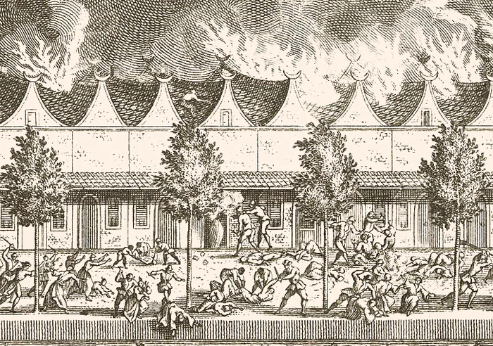 Cuplikan dalam litografi Jakob van der Schley (1715–1779) berdasar lukisan karya Adolf van der Laan (1690 –1742) tentang Massacre des Chinois—pembantaian orang-orang Cina di Batavia pada 9 Oktober 1740.