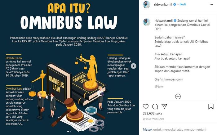 Ridwan Kamil Ajak Followers Berpendapat Soal Pengesahan RUU Cipta Kerja Omnibus Law. 