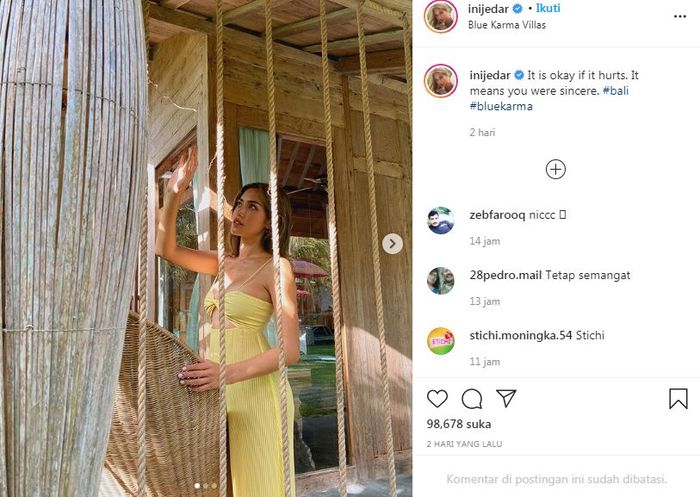 Postingan Jessica Iskandar mengenai rasa sakit dan ketulusan.