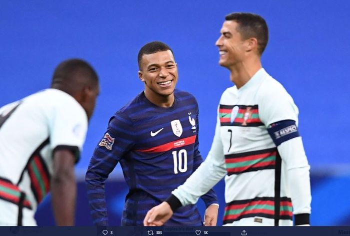 Kylian Mbappe dan Cristiano Ronaldo dalam laga Prancis vs Portugal di UEFA Nations League 2020.