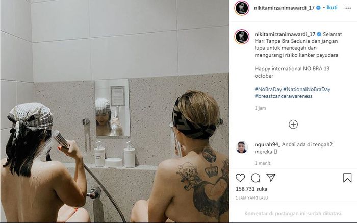 Aktris sensasional Nikita Mirzani bersama Dinar Candy bagikan potret tanpa mengenakan sehelai benang pun di Instagram, Selasa (13/10/2020). 