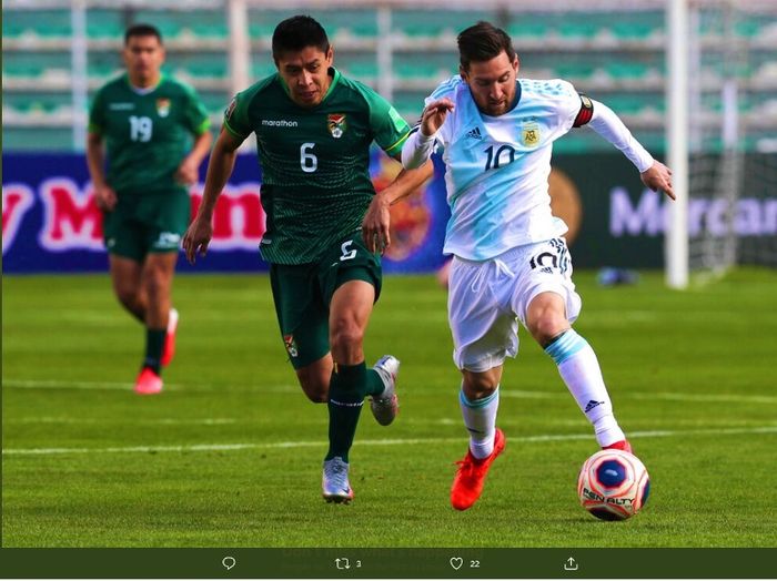 Aksi megabintang timnas Argentina, Lionel Messi, dalam duel kontra Bolivia pada Selasa (13/10/2020).