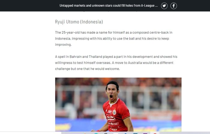 Salah satu media Australia, The World Game, memasukkan nama Ryuji Utomo dalam daftar pemain Asia yang dinilai cocok merumput di Liga Australia, A-League