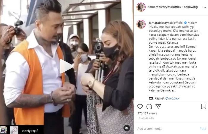 Unggahan Tamara Bleszynski tentang Jerinx SID dan istrinya, Nora Alexandra.
