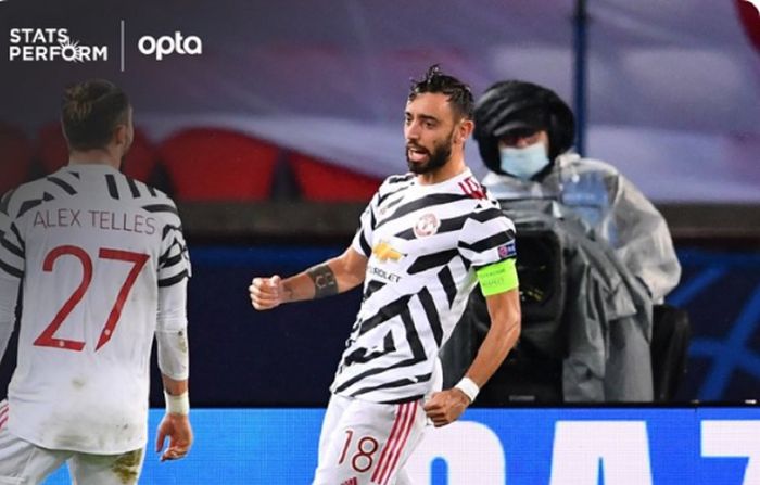 Gelandang Manchester United, Bruno Fernandes, melakukan selebrasi usai mencetak gol pada menit ke-23 dalam laga Grup H Liga Champions kontra Paris Saint-Germain Stadion di Parc des Prices, Selasa (20/10/2020) waktu setempat atau Rabu pukul 02.00 WIB.