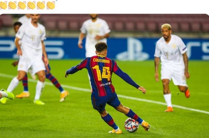 Gelandang Barcelona, Philippe Coutinho, mencetak gol dalam laga Grup G Liga Champions melawan Ferencvaros di Stadion Camp Nou, Selasa (20/10/2020).