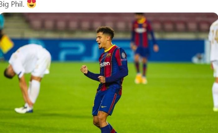 Gelandang Barcelona, Philippe Coutinho, merayakan gol ke gawang Ferencvaros dalam laga Grup G Liga Champions di Stadion Camp Nou, Selasa (20/10/2020).