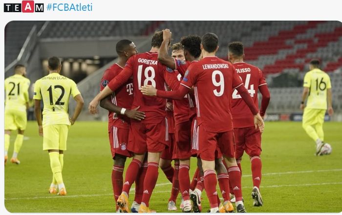 Bayern Muenchen merayakan kemenangan atas Atletico Madrid pada matchday 1 Liga Champions, Rabu (21/10/2020) di Allianz Arena.