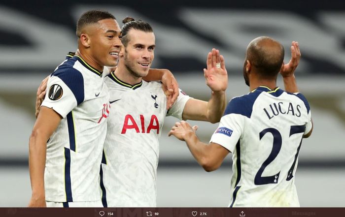 Para penyerang Tottenham Hotspur (dari kiri ke kanan): Carlos Vinicius, Gareth Bale, dan Lucas Moura.