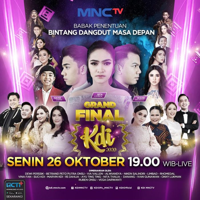 Sejumlah artis papan atas, bakal memeriahkan Grand Final Kontes Dangdut Indonesia (KDI) yang digelar pada Senin, 26 Oktober 2020 secara live di MNCTV pukul 19.00 WIB.  