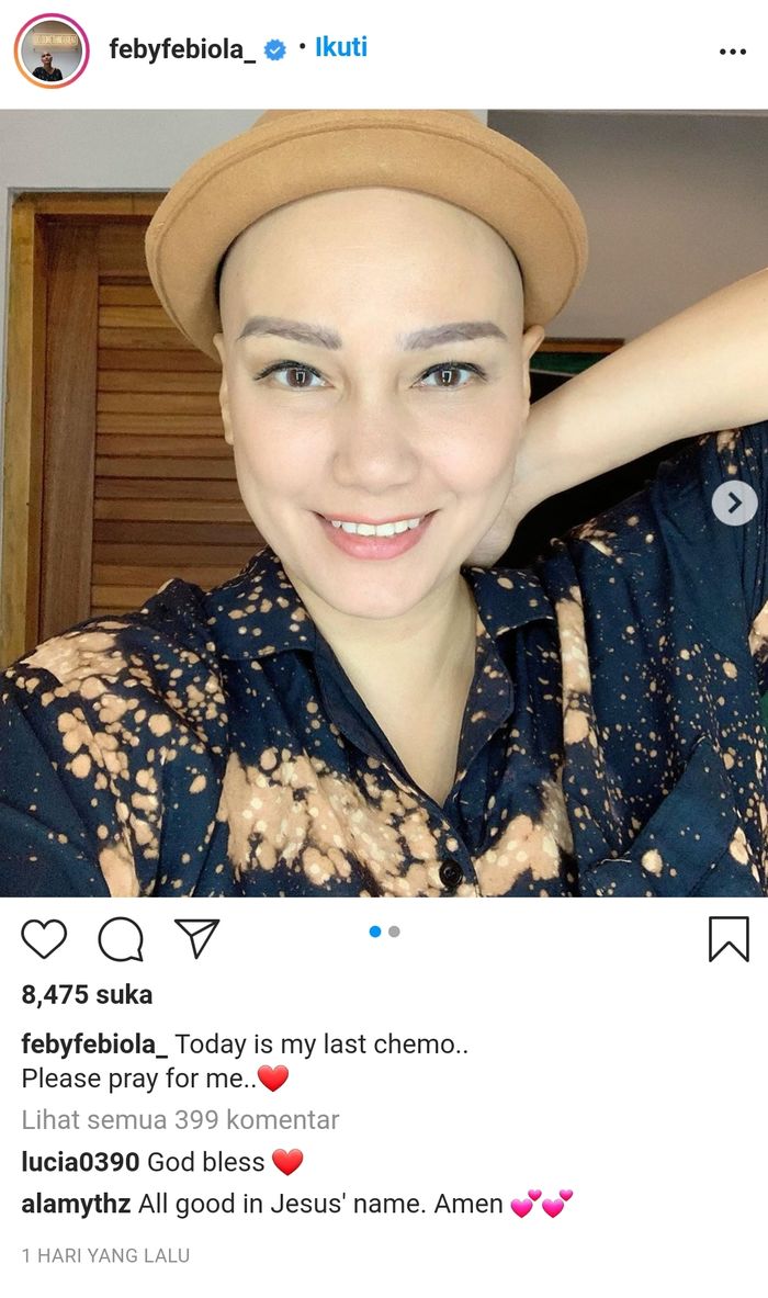 Feby Febiola mengunggah potret dirinya yang siap menjalani kemoterapi terakhir.