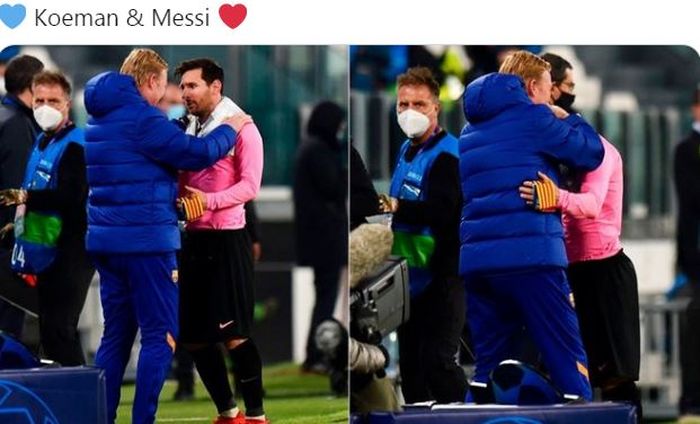 Pelatih Barcelona, Ronald Koeman, berpelukan dengan Lionel Messi seusai laga Grup G Liga Champions kontra Juventus di Juventus Stadium, Rabu (28/10/2020).