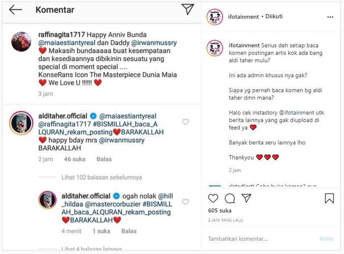Tangkapan layar komentar Aldi Taher yang akhirnya menuai hujatan dari netizen