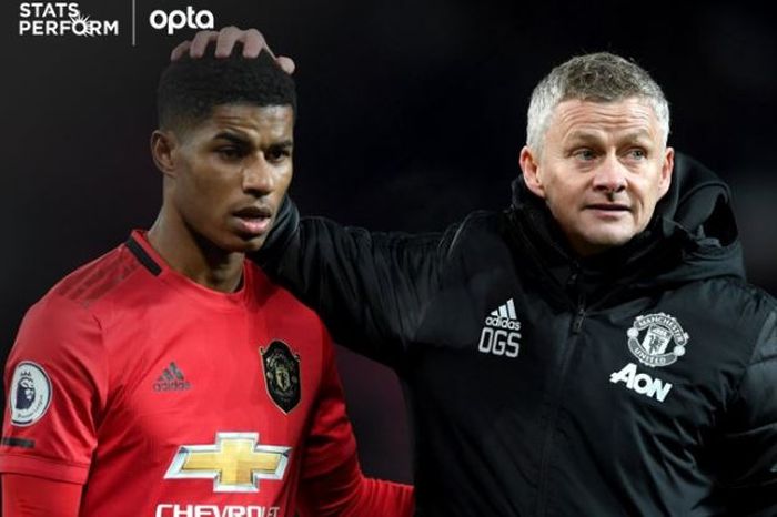 Pelatih Manchester United, Ole Gunnar Solskjaer, memegang kepala Marcus Rashford.