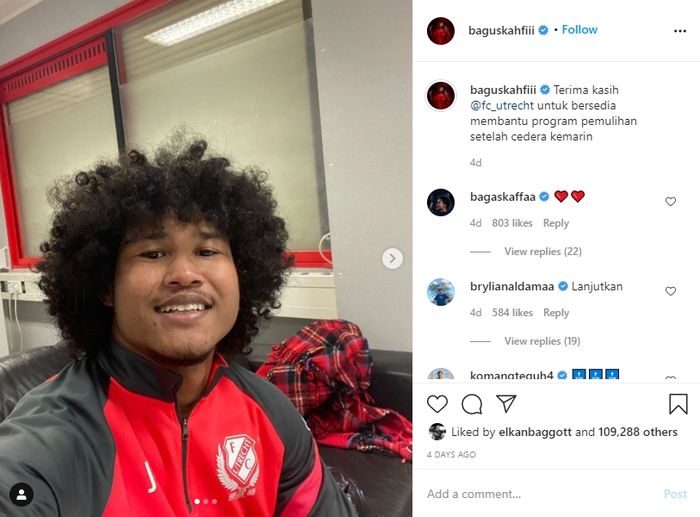 Unggahan Bagus Kahfi saat menjalani pemulihan cedera di FC Utrecht (27/10/2020).
