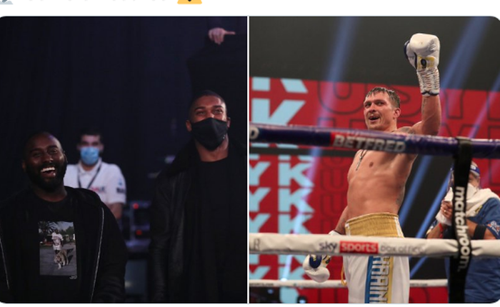 Petinju asal Inggris Anthony Joshua (memakai masker) hadir di pertandingan Oleksandr Usyk vs Dereck Chisora di SSE Arena, Wembley, Inggris, Minggu (1/11/2020) WIB.