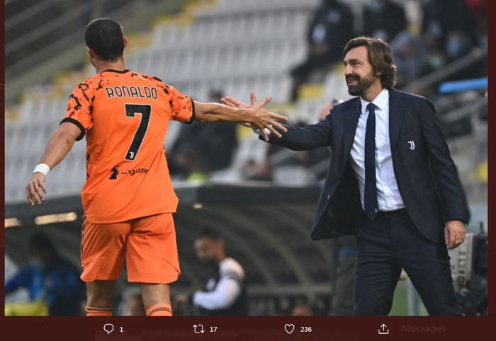 Cristiano Ronado bersama pelatih Juventus, Andrea Pirlo.