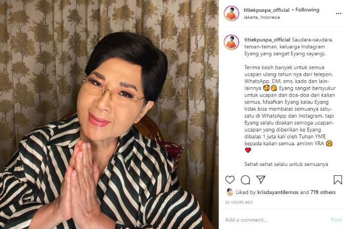 Ucapan terima kasih Titiek Puspa untuk semua orang yang memberikan doa dan ucapan di hari ulang tahunnya yang ke-83.