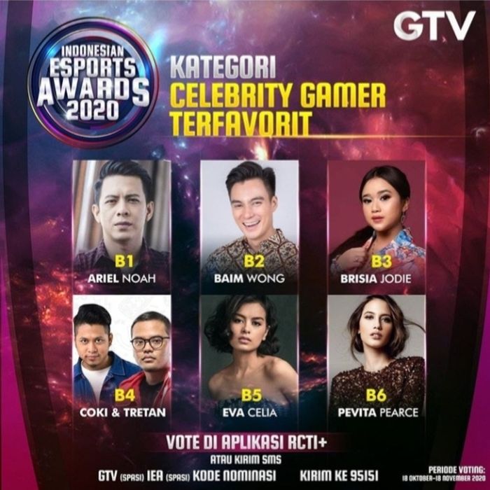 Nominasi  kategori Selebriti gamer favorit di GTV Indonesian Esports Awards 2020.