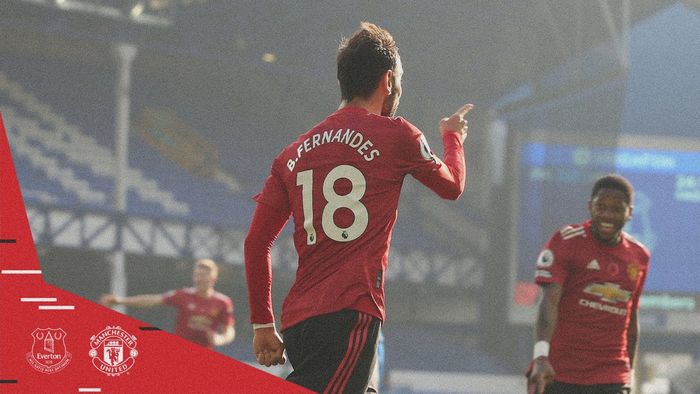 Gelandang Manchester United, Bruno Fernandes, melakukan selebrasi usai mencetak gol ke gawang Everton di Goodison Park dalam laga Liga Inggris, Sabtu (7/11/2020).