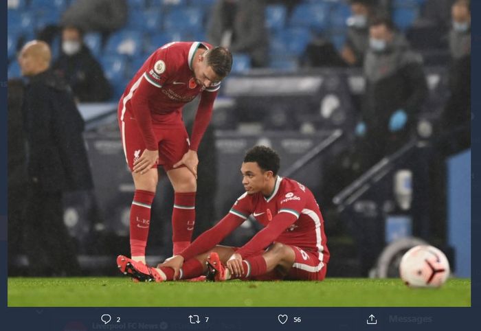 Trent Alexander-Arnold mengalami cedera dalam partai Liverpool kontra Manchester City.