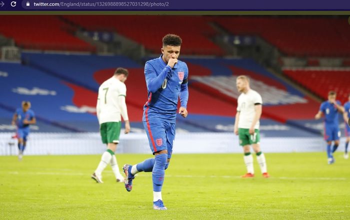 Pemain timnas Inggris, Jadon Sancho, merayakan gol ke gawang timnas Irlandia dalam laga uji coba, Kamis (12/11/2020) waktu setempat atau Jumat pukul 03.00 WIB. 