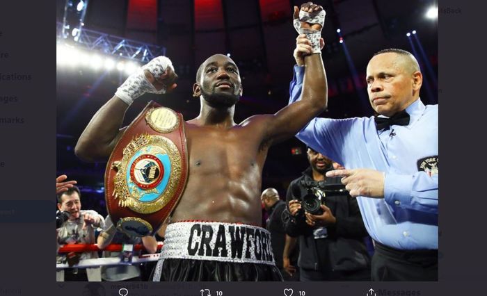 Selebrasi Terence Crawford usai mengalahkan Kell Brook, Minggu (15/11/2020)